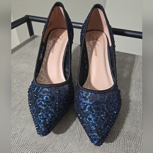 L Lorraine Navy And Black Sequin Lace Pointed-Toe Heels